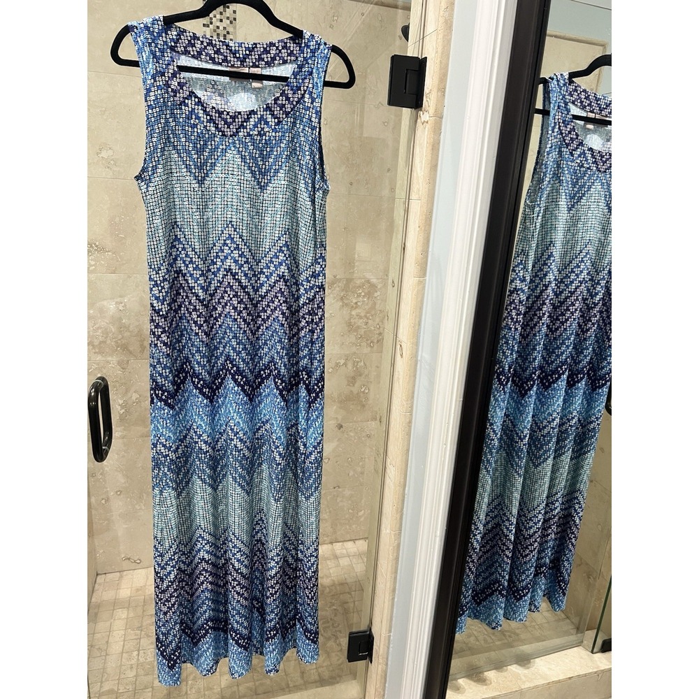 Chicos Size 1 M Jersey Blue Scoop Neck Sleeveless Geometric Print Maxi Dress